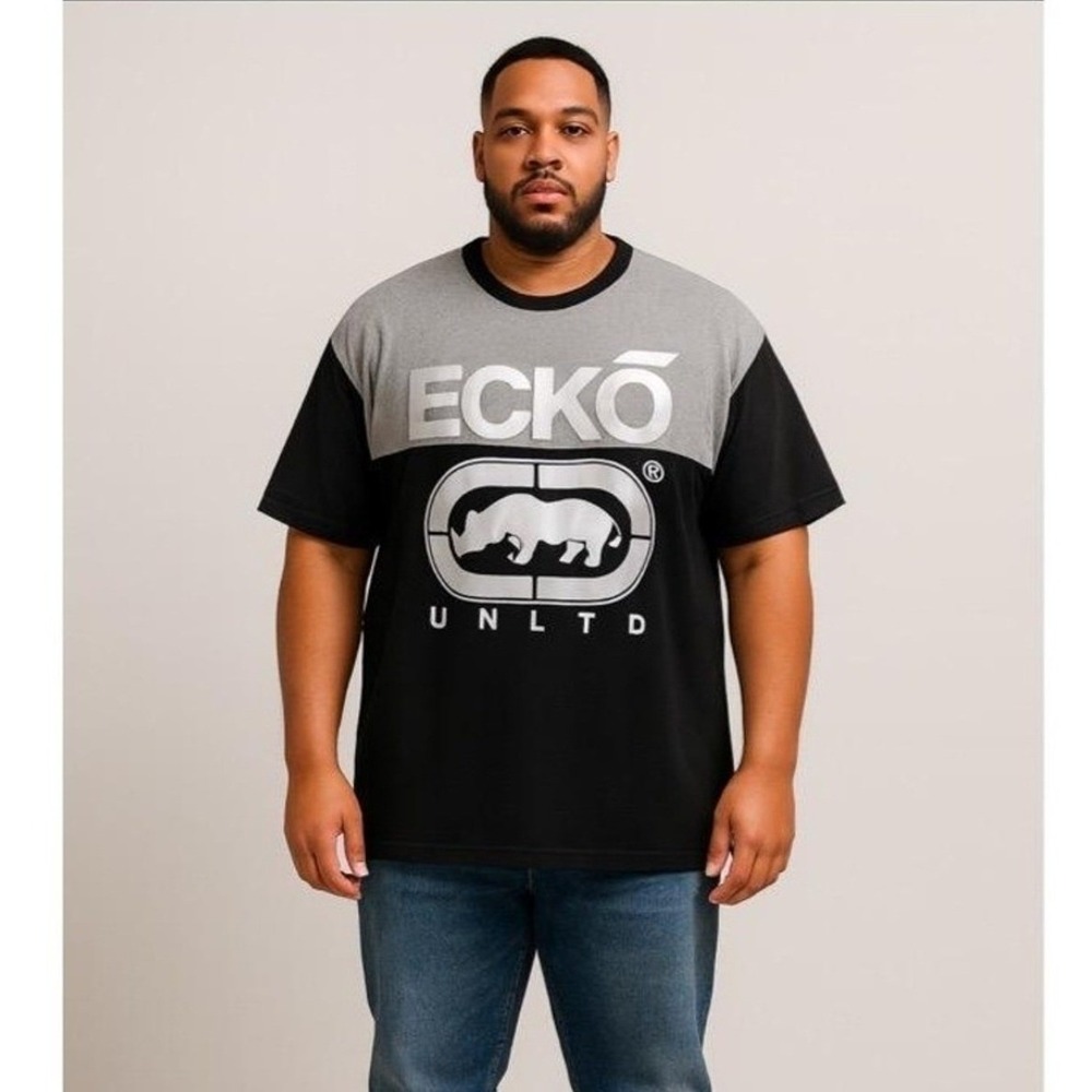 Ecko Unltd Shirt Mens 4XL Colorblock Graphic Logo Tee Black‎ Gray Streetwear